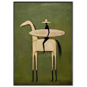 Abstract Folk Horse & Rider Oil Painting Green Canvas Art #AA010