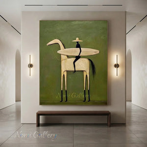 Abstract Folk Horse & Rider Oil Painting Green Canvas Art #AA010