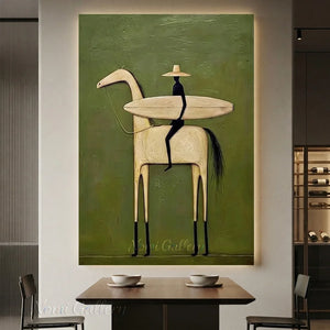 A large hand-painted abstract folk oil painting of a rider holding a surfboard on a white horse over a textured olive green background, hung above a dining table in an elegant modern restaurant.