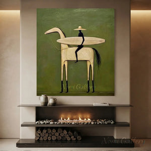 Abstract Folk Horse & Rider Oil Painting Green Canvas Art #AA010