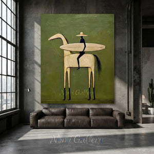 Abstract Folk Horse & Rider Oil Painting Green Canvas Art #AA010