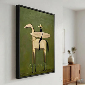 Abstract Folk Horse & Rider Oil Painting Green Canvas Art #AA010