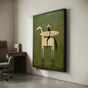 Abstract Folk Horse & Rider Oil Painting Green Canvas Art #AA010
