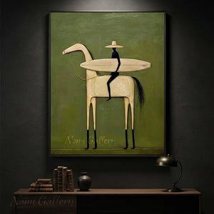 Abstract Folk Horse & Rider Oil Painting Green Canvas Art #AA010