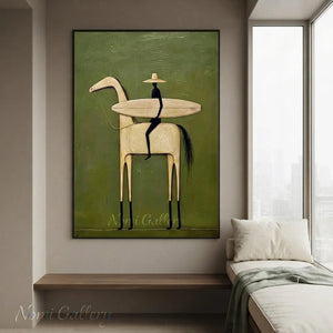 Abstract Folk Horse & Rider Oil Painting Green Canvas Art #AA010