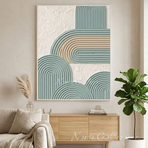 100% hand-painted minimalist textured geometric abstract oil painting featuring heavy impasto sage green and warm sand arches on a plaster white canvas background, styled as an oversized statement art piece above a low wooden coffee table in a warm modern living room setting as seen in Minimalist-Arc-Art-for-room-decor.jpg and Minimalist-Arc-Art-for-modern-living-room.jpg.