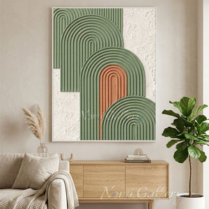 100% hand-painted minimalist textured geometric abstract oil painting with heavy impasto sage green and terracotta arches on a plaster white background, styled as a premium oversized wall art statement piece above a modern wooden coffee table in a minimal warm living room environment as displayed in Minimalist-Arc-Wall-Art-for-room-decor.jpg and Minimalist-Arc-Wall-Art-for-modern-living-room.jpg.