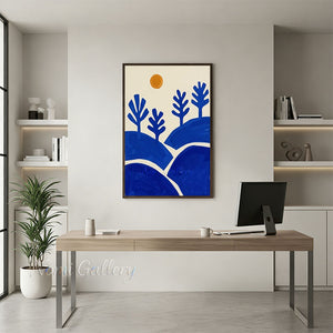 Mid-Century Blue Landscape Canvas Art | Hand-Painted #SS204