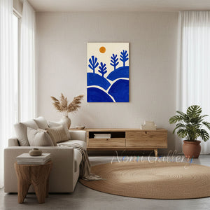 Mid-Century Blue Landscape Canvas Art | Hand-Painted #SS204
