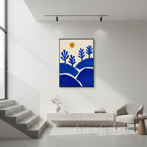 Mid-Century Blue Landscape Canvas Art | Hand-Painted #SS204