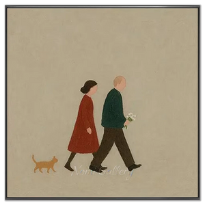 Serene Stroll: Minimalist Couple & Cat Oil Painting #NM406