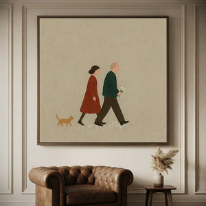 Serene Stroll: Minimalist Couple & Cat Oil Painting #NM406