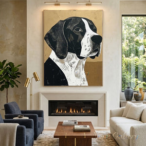 100% hand-painted minimalist modern abstract dog portrait oil painting with rustic black and white woodcut textures over a textured metallic gold background, showcased as a large vertical statement art piece above a fireplace mantle in a warm luxurious contemporary living room as visualized in Minimalist Dog Wall Art.jpg and Minimalist-Dog-Wall-Art-for-fireplace-decor.jpg.