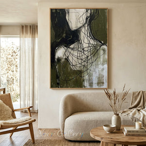 Hand-painted abstract expressive oil painting featuring intricate black messy linework forming a human figure silhouette over a textured olive green and cream white background.