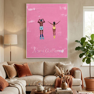 Chic handmade minimalist oil painting featuring a textured, vibrant pink impasto background with a man and a woman in snorkeling gear and swimsuits swimming upward.