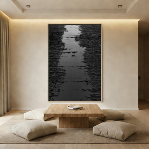 Handmade minimalist Zen oil painting with creamy white semi-circular textures and 3D impasto strokes, styled in a warm boho-modern living room.