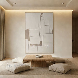 100% hand-painted modern minimalist textured abstract oil painting with heavy impasto plaster white, cream, and beige geometric blocks on canvas, styled as a premium oversized statement art piece above a wooden coffee table in a serene neutral living room setting as visualized in Minimalist-art-for-room-decor.jpg and Minimalist-art-for-modern-living-room.jpg.