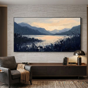 Detailed view of a hand-painted impressionist oil painting depicting a tranquil Highland Lake with deep blue foreground reeds and a warm peach and yellow sunset.