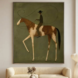 100% handmade surrealism equestrian oil painting in olive green tones featuring a stylized rider on a spotted horse, displayed above a wooden bench in a modern corridor by Savy Canvas.
