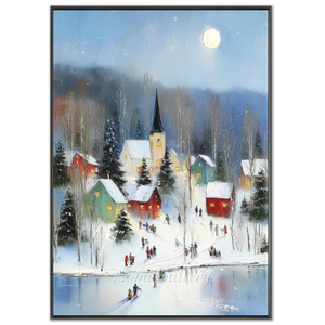 Moonlit Winter Village Oil Painting - Snowy Landscape Art #NM549