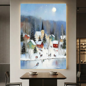 Moonlit Winter Village Oil Painting - Snowy Landscape Art #NM549