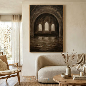 Hand-painted mystical oil painting showcasing a dark sepia arched tunnel with light shining through three central arched windows onto reflecting water.