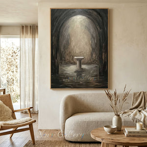 Hand-painted mystical oil painting showcasing a single classical pedestal standing in dark water under a stone archway, illuminated by a bright overhead beam of light.