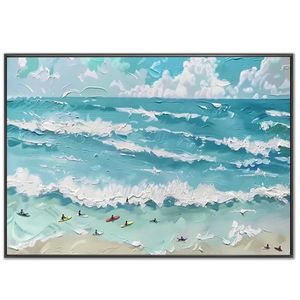 Textured Ocean Waves & Surfers Oil Painting - Coastal Serenity #NM659