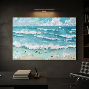 Textured Ocean Waves & Surfers Oil Painting - Coastal Serenity #NM659