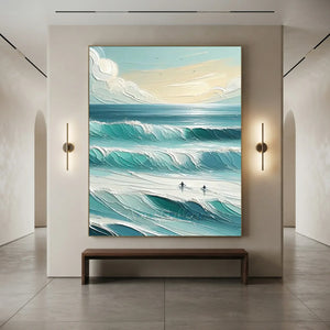 Textured Ocean Waves Art with Surfers #NM718