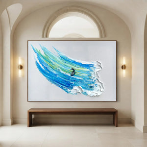 Dynamic Surfer on Textured Ocean Wave Oil Painting #NM667