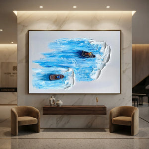Textured Blue Ocean Boats Abstract Art #NM668