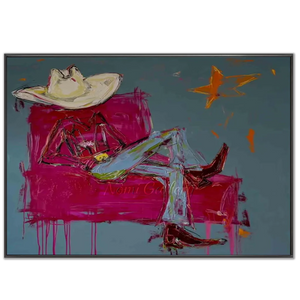 Abstract Cowboy Lounging in Pink Chair Oil Painting #NM403