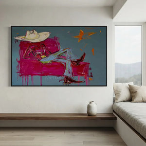 Abstract Cowboy Lounging in Pink Chair Oil Painting #NM403