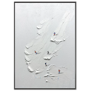 Textured Ski Slope Art: Dynamic White Mountain Skiers #NM550