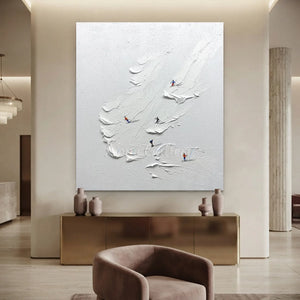 Textured Ski Slope Art: Dynamic White Mountain Skiers #NM550