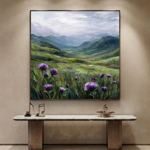 Vibrant Purple Thistle Field Landscape Oil Painting #NM324
