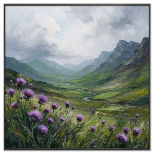 Textured Mountain Valley Oil Painting with Purple Thistles #NM326