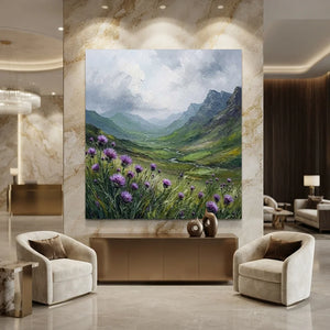 Textured Mountain Valley Oil Painting with Purple Thistles #NM326
