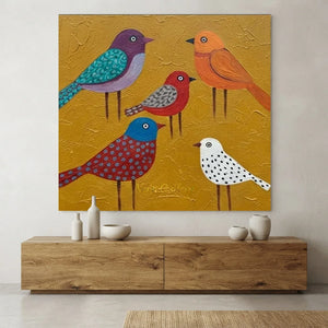Vibrant Folk Art Birds Textured Canvas #NM327