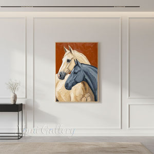 Textured Pair of Horses Hand-Painted Rust Animal Oil Painting #SS210