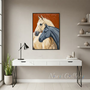 Textured Pair of Horses Hand-Painted Rust Animal Oil Painting #SS210