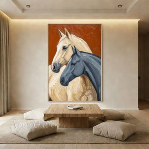 Textured Pair of Horses Hand-Painted Rust Animal Oil Painting #SS210