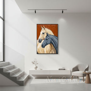 Textured Pair of Horses Hand-Painted Rust Animal Oil Painting #SS210