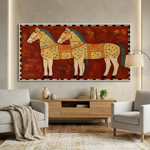 Handcrafted expressionist panoramic oil painting in a black frame featuring a pair of patterned horses in rich red and earth tones, ideal for modern living room or hotel wall decor.  