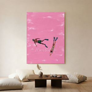 Handpainted Minimalist Pink Impasto Divers Couple Oil Painting #SS279