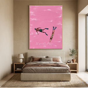 Handpainted Minimalist Pink Impasto Divers Couple Oil Painting #SS279