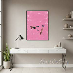 Handpainted Minimalist Pink Impasto Divers Couple Oil Painting #SS279