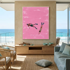 High-end handmade minimalist oil painting with a thick, textured vibrant pink impasto background, depicting a male diver swimming horizontally and a female diver plunging vertically.