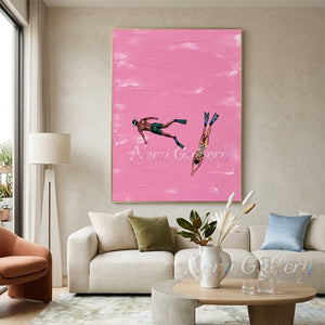 Handpainted Minimalist Pink Impasto Divers Couple Oil Painting #SS279